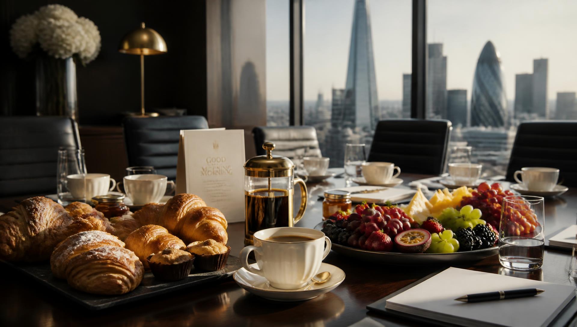Executive breakfast catering set on a London boardroom table at sunrise